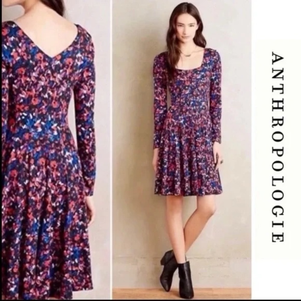 Anthropologie HD in Paris Floral Watercolor Swing Dress Long Sleeve